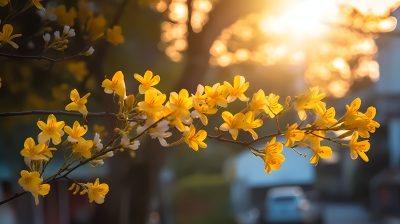 晨曦中的黄花树摄影图