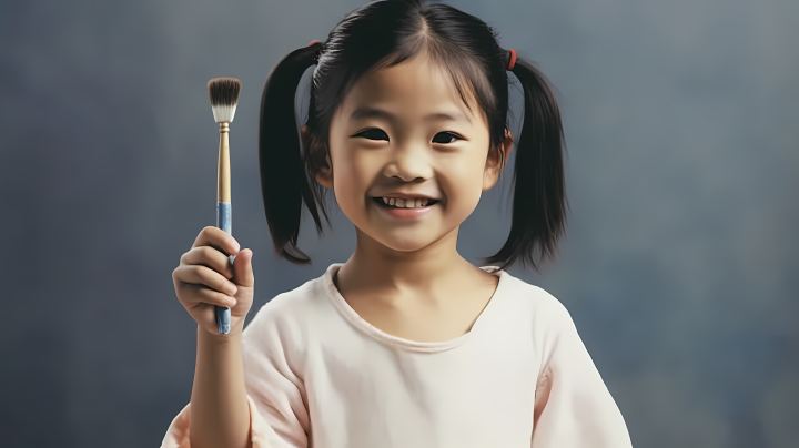 快乐画家小女孩手持画笔笑容满面的摄影版权图片下载