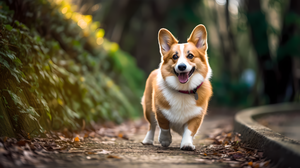 皮卡丘柯基戏耍幸福快乐摄影图