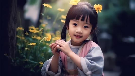 亚洲小女孩手持鲜花摄影图片