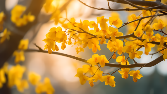 晨曦中的黄花树枝摄影图片