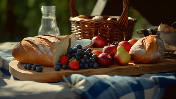 野餐篮子上的水果和面包摄影图