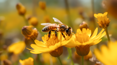 蜜蜂停留在黄色花朵上田园场景摄影图