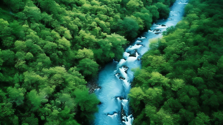 翠绿森林中流淌的河流摄影版权图片下载