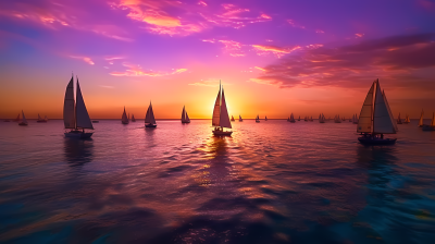 夕阳西下的海洋落日帆船摄影图