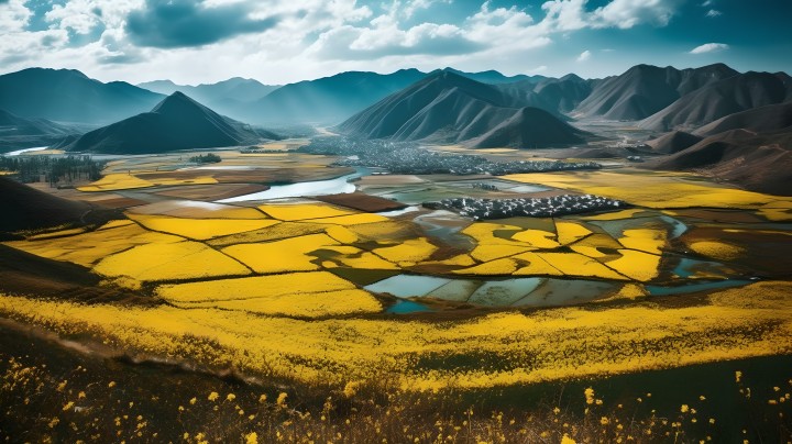 黄色田野环绕湖泊和山脉的峡谷摄影图版权图片下载