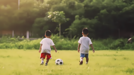 两个中国小男孩在草地上踢足球摄影图片
