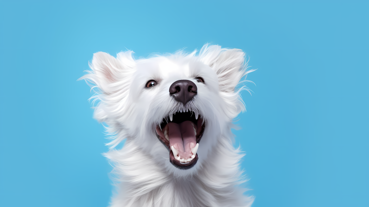 白色张嘴快乐犬蓝底背景摄影图版权图片下载