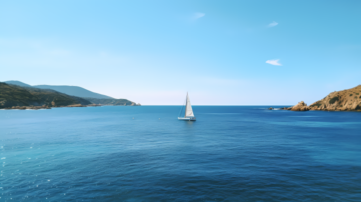 蔚蓝海洋中孤独帆船摄影图版权图片下载