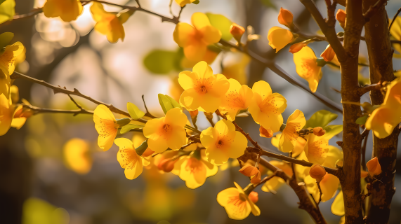 晨光下的黄花树自然写实摄影图