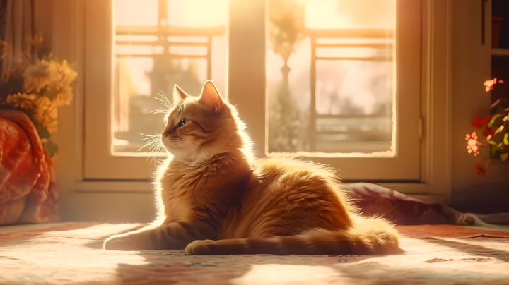 橘猫窗前踏毯暖色温柔纯净摄影图版权图片下载