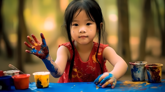 亚洲华裔女孩玩彩色彩斑斓的摄影图
