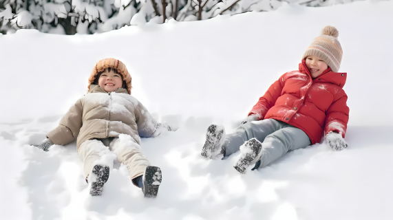 冬日游戏两名亚洲华裔儿童玩雪摄影图