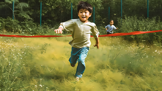 中国男孩奔跑在草地上摄影图片