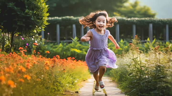 亚洲小女孩在花园里奔跑的摄影版权图片下载