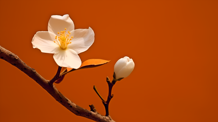 橙色背景下的白花枝头摄影图版权图片下载