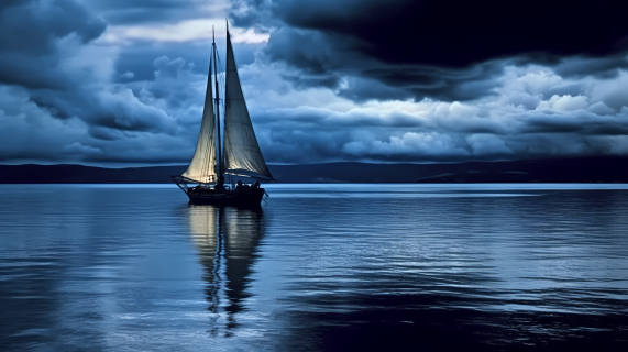 白云苍翠下的帆船摄影图