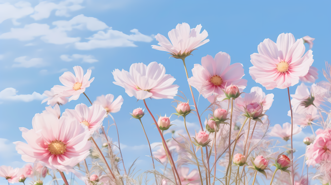 蓝天下的粉色花朵摄影图片