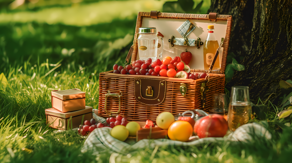 野餐篮中的水果与酒瓶摄影图片