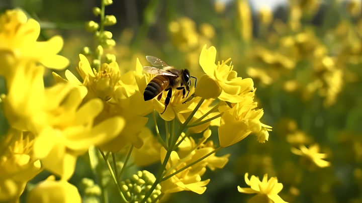 油菜花田间绿色植物吸蜜蜂飞舞摄影图版权图片下载