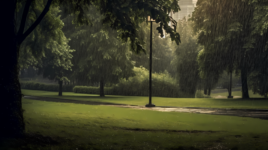 雨落在草坪上的暗光效果田园风景摄影图
