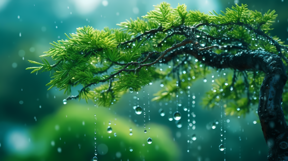 下雨天气翠绿滴水树摄影图