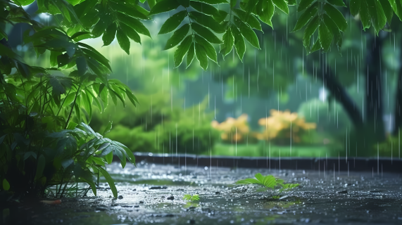 绿色公园树叶上雨滴落下的摄影图片