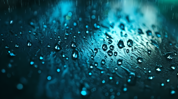 暴雨中的细节青蓝色调下的雨滴特写摄影图