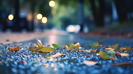 静谧雨夜街道泛着深浅蓝色光影摄影图