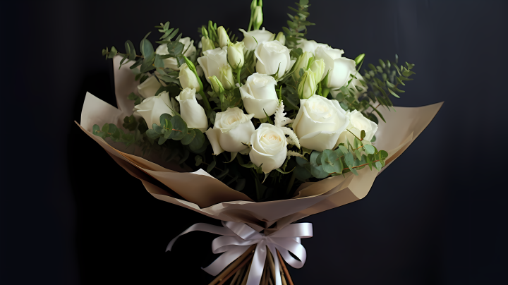 白色玫瑰丝带白色花束摄影图版权图片下载