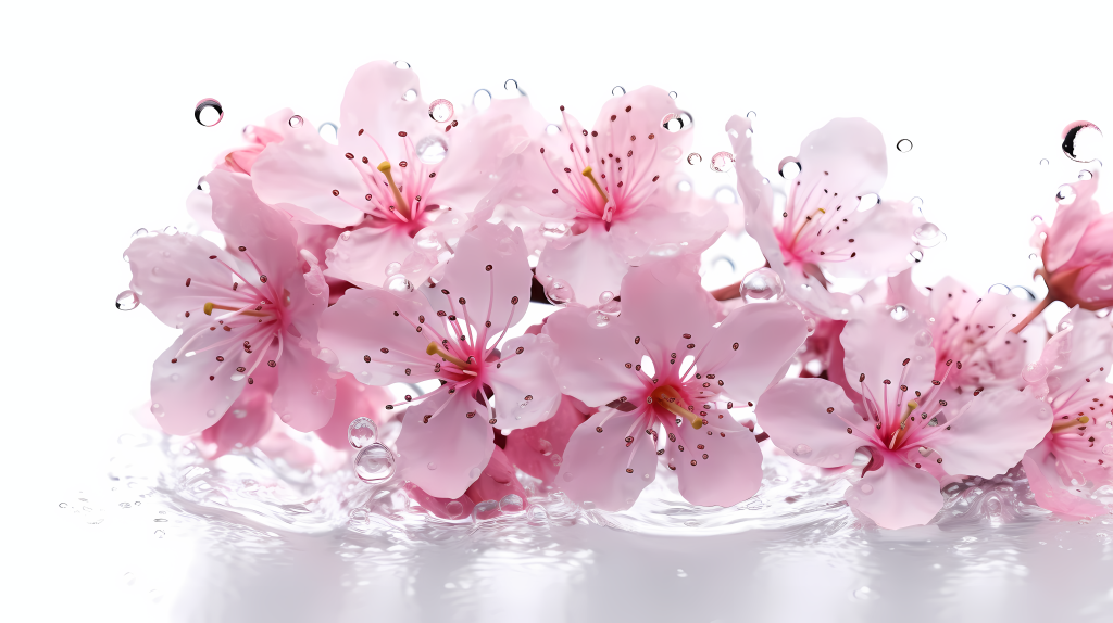 梦幻樱花水滴白底花朵摄影图