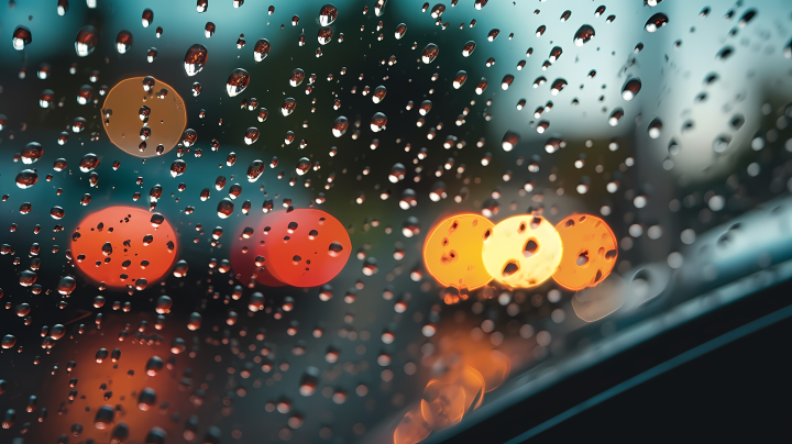 车窗上的翠红色雨滴和琥珀色光芒环保意识的摄影版权图片下载