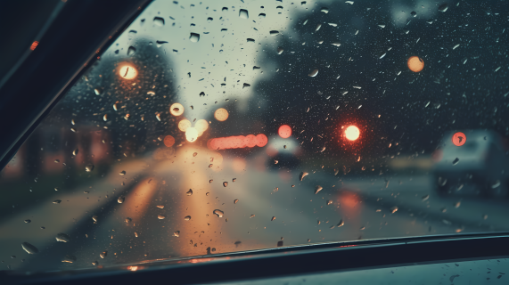 城市雨季雨滴在车窗上的摄影图