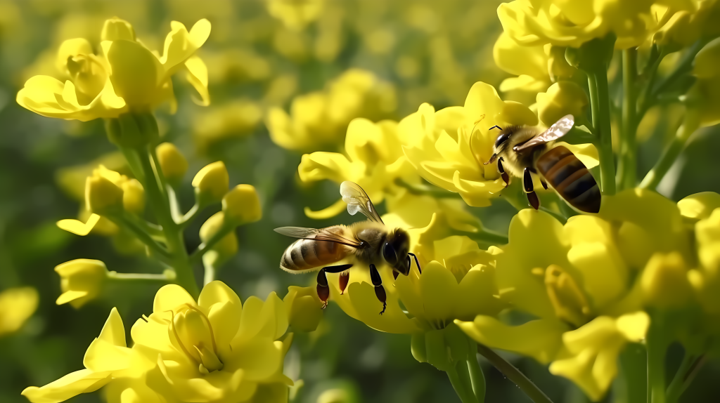 油菜花田间绿叶蜜蜂摄影图版权图片下载