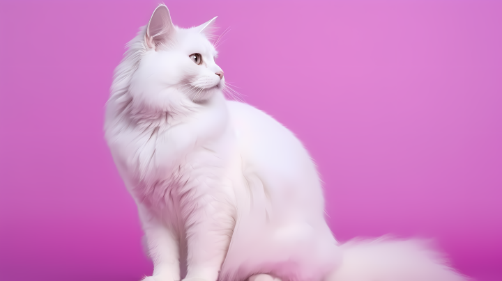紫色背景下的白猫优雅姿态摄影图版权图片下载