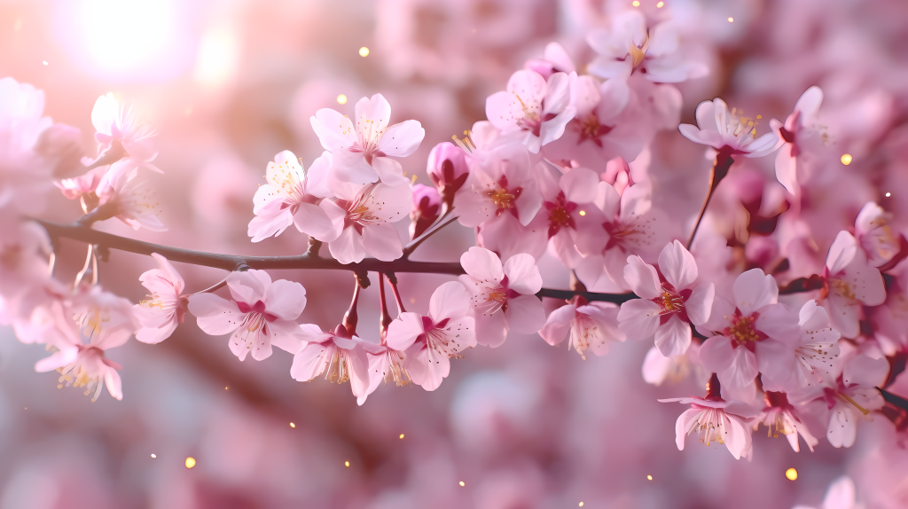 樱花树枝上粉色花瓣的模糊光线摄影图