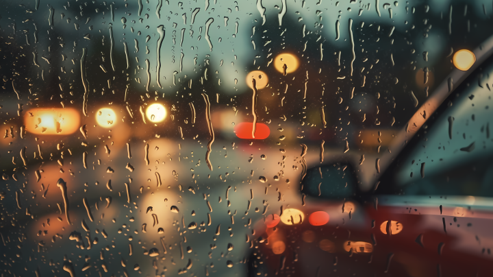 汽车窗上的翠绿与淡红色雨滴摄影图版权图片下载