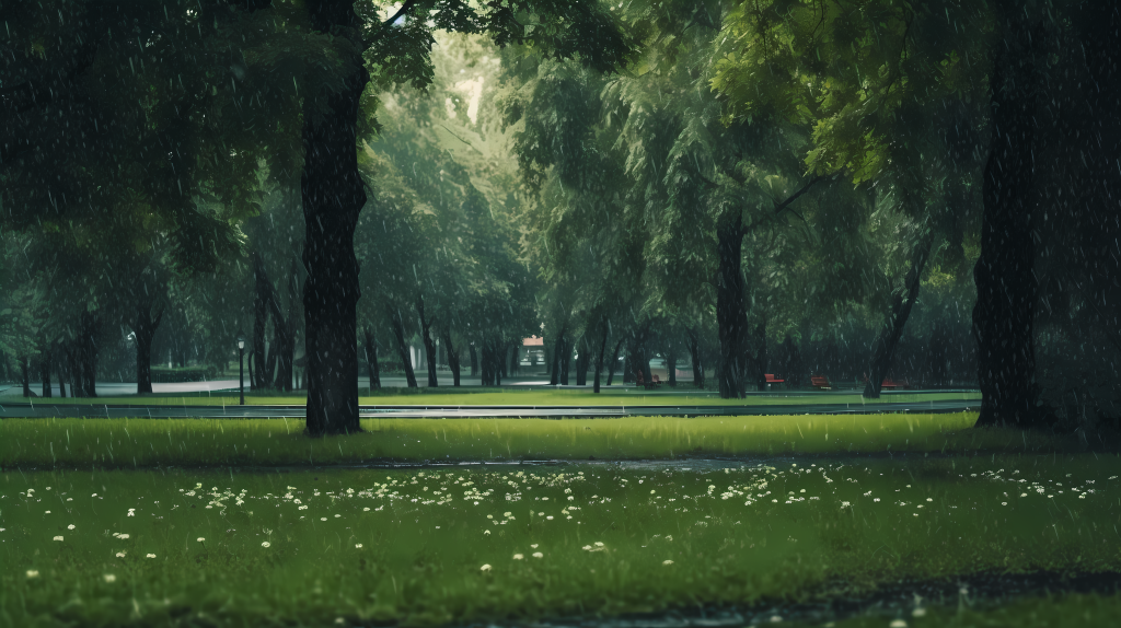 绿色公园树叶间雨滴落下摄影图片