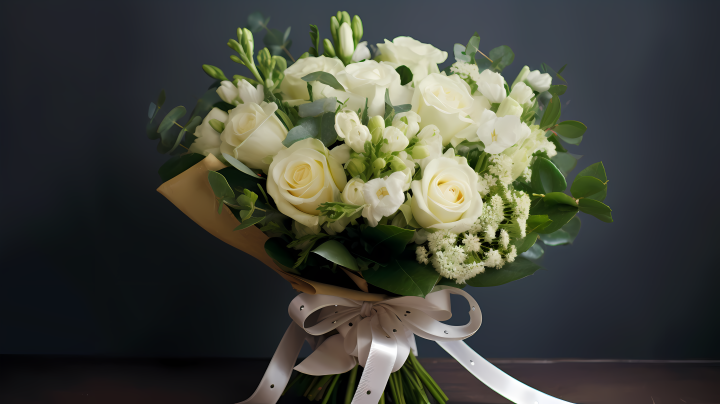手捆玫瑰白色花束的摄影图版权图片下载