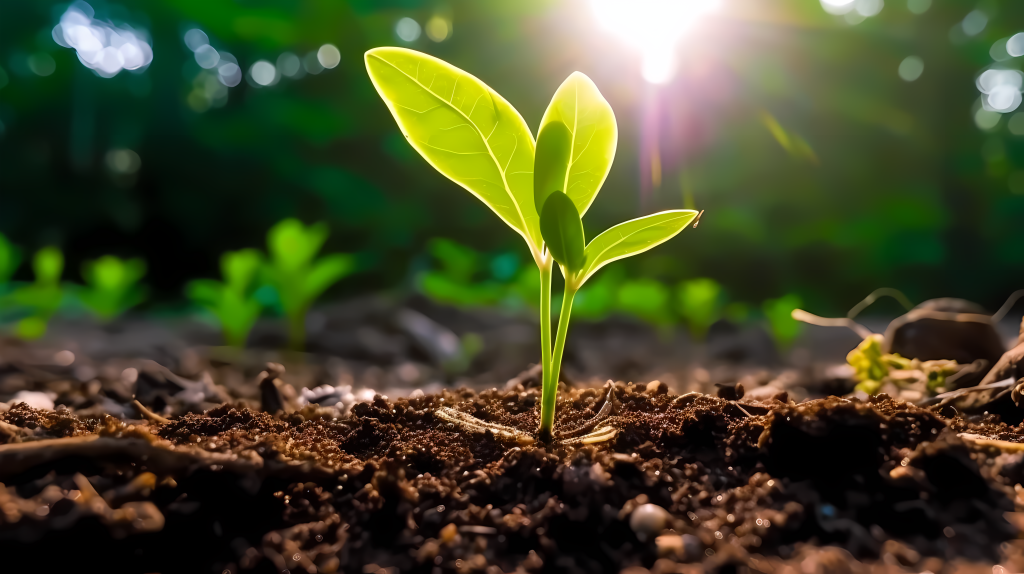 阳光照耀下的绿色萌芽摄影图
