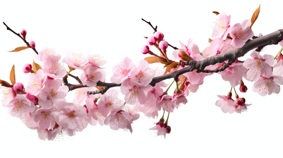 白色背景下的粉色樱花枝头摄影图