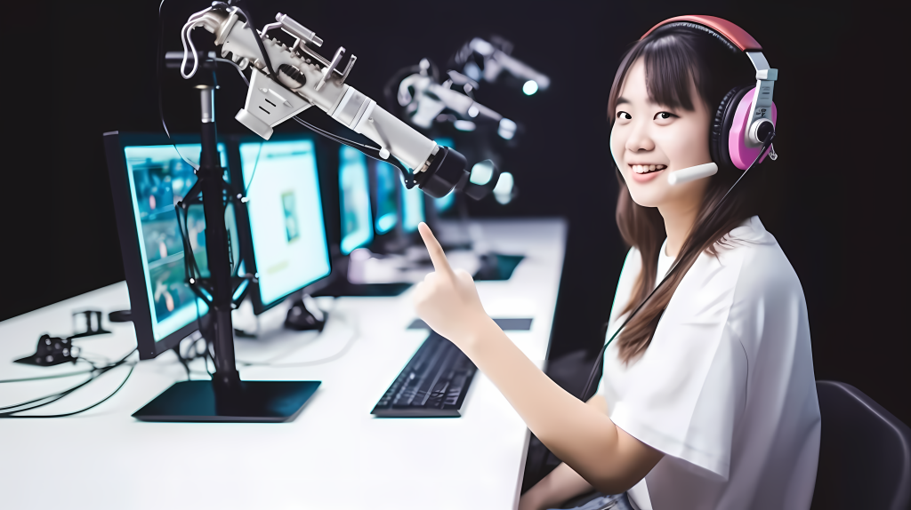 主播电脑前直播摄影图片