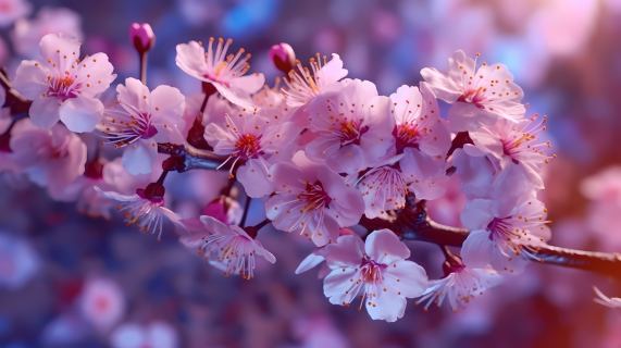 樱花枝头粉色花瓣模糊光线摄影图