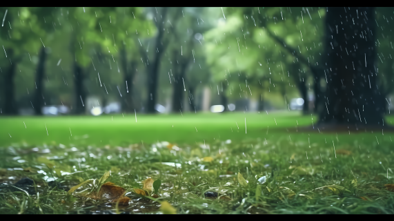 绿色公园雨滴落叶摄影图
