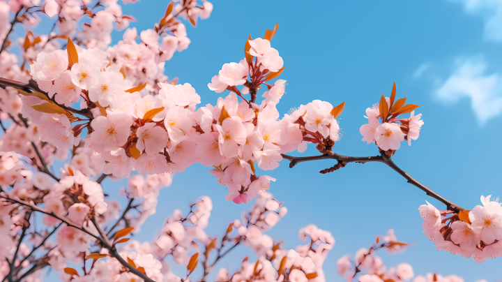 蓝天下枝头上的粉色樱花的照片版权图片下载