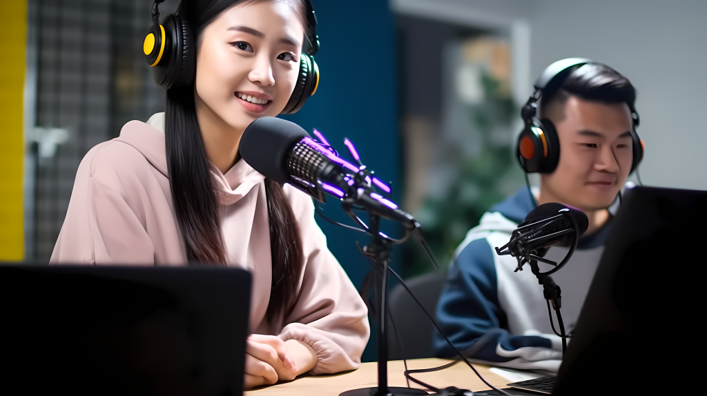 亚洲主播头戴耳机电脑前真人摄影图片