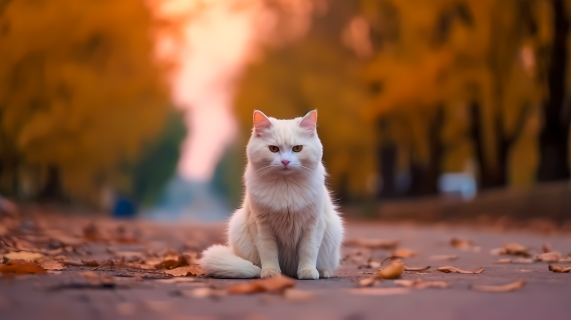 秋天落叶路上白猫摄影图片