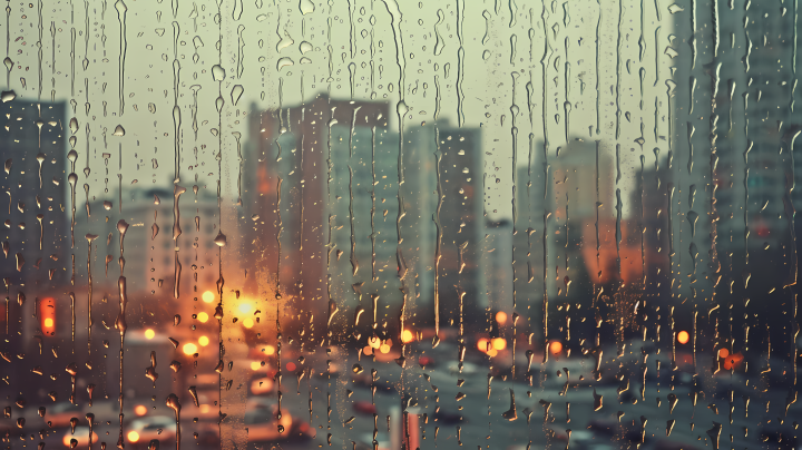 窗外城市景色中的淡青与浅琥珀色雨滴摄影图版权图片下载