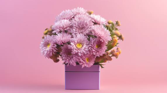 粉色盒子里的菊花摄影图