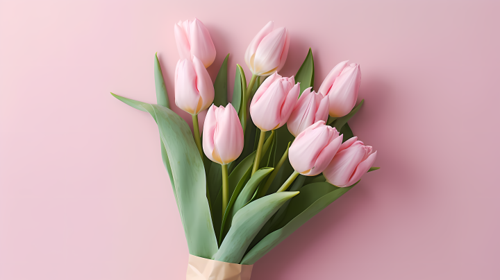 粉色包装的娇嫩郁金香花束摄影图版权图片下载